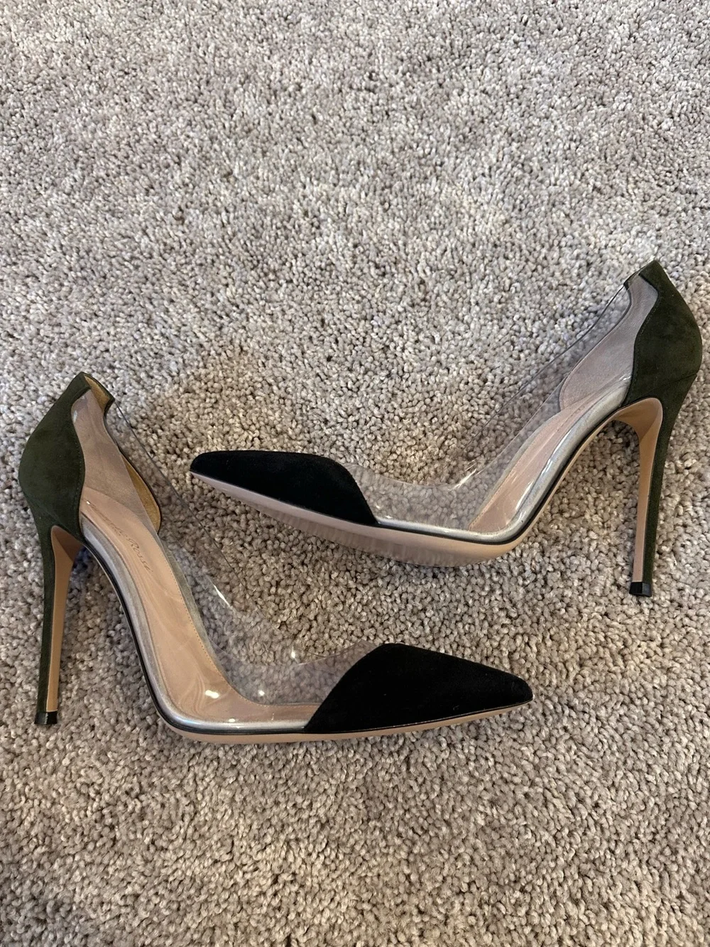 Gianvito Rossi Plexi Clear-Panel Stiletto Pump in Black and Olive Suede